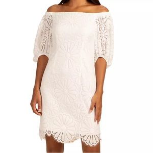 Trina Turk Organic Cotton Mini Lace Off Shoulder Puff Sleeve Sweet Dress 2 $328